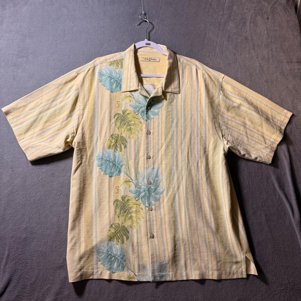 Tommy Bahama Mens XL Silk Camp Shirt Yellow Striped Tropical Monstera Button
